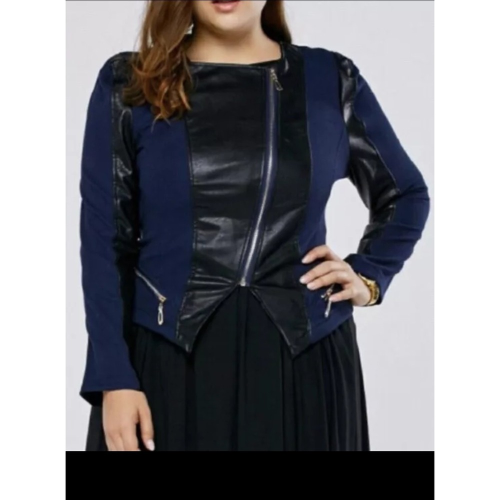 Ying @ Cai Faux Leather Black and‎ Blue Moto Jacket Lightweight Zippered XXL